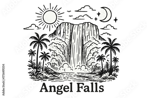 Angel Falls Illustration. Hand-drawn angel falls with suns, moons, and rainforest, center word “AngelFalls” in black and white
