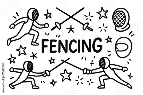 Fencing Doodle Art. Doodle fencing with swords, stars, and masks, center word “Fencing” in black and white isolated transparent
