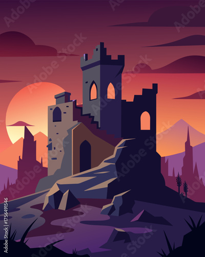 A ruined castle at twilight where the shadows of trolls blend in perfectly with the decaying walls and crumbling towers.. Vector illustration