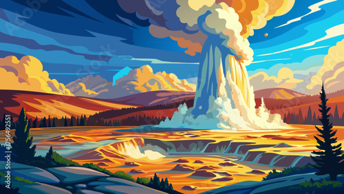 Very beautiful eruption of Old Faithful geyser in Yellowstone National Park, USA, with hot water, steam, and mineral deposits creating a breathtaking geothermal natural wonder.