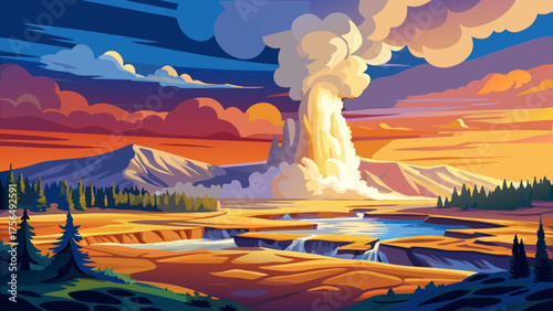 Very beautiful eruption of Old Faithful geyser in Yellowstone National Park, USA, with hot water, steam, and mineral deposits creating a breathtaking geothermal natural wonder.