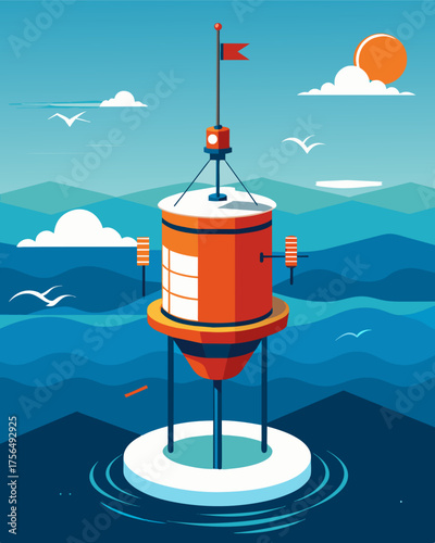 A solarpowered weather buoy bobbing in the ocean equipped with sensors to measure wave height and direction water temperature and other critical data for marine weather. Vector illustration