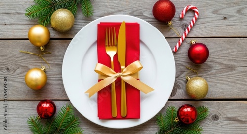 Christmas table setting with white plate, red napkin, gold cutlery, and festive ornaments on a rustic wooden background