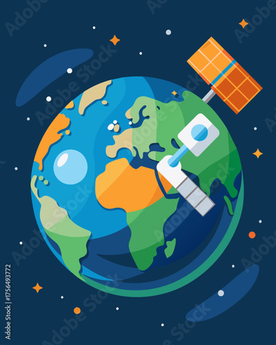 A solarpowered satellite floating in orbit monitoring global changes in sea levels and tracking the movements of endangered sea creatures.. Vector illustration