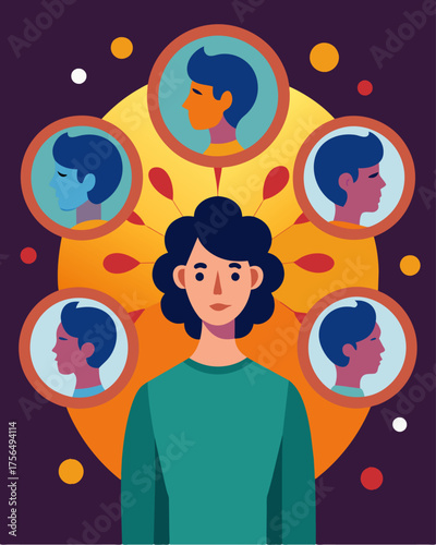A person surrounded by mirrors each reflecting a different aspect of their conflicting thoughts and beliefs causing cognitive dissonance and selfdoubt.. Vector illustration