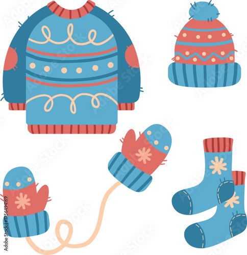 Cute flat vector illustration of winter clothes — sweater, hat, mittens, and socks. Perfect for seasonal design, kids prints, Christmas, and cozy winter themes.