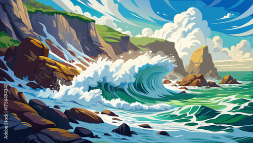 Very beautiful ocean waves crashing on a rocky shore, creating white foam and spray, expressing nature’s raw power, beauty, and energy in a vivid coastal landscape.