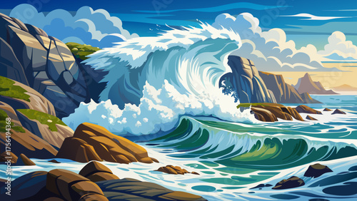 Very beautiful ocean waves crashing on a rocky shore, creating white foam and spray, expressing nature’s raw power, beauty, and energy in a vivid coastal landscape.