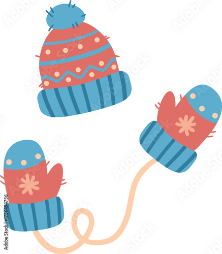 lat vector illustration of a warm winter hat and mittens with decorative pattern. Cute knitted accessories in red and blue tones for cold weather design