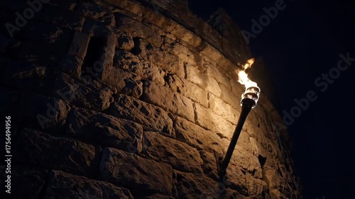 Illuminated Stone Tower A Torch's Glow Against Ancient Walls