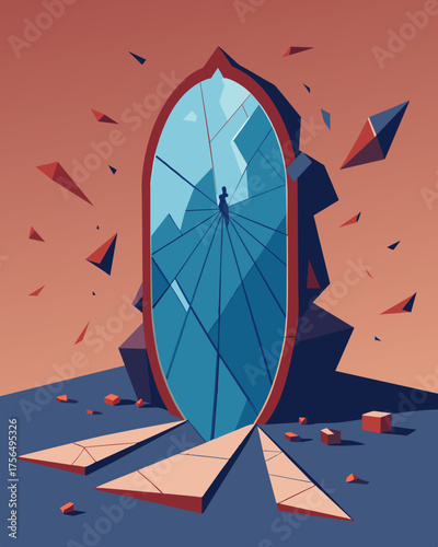 A shattered mirror in a deserted room a metaphor for the persons shattered sense of worth.. Vector illustration