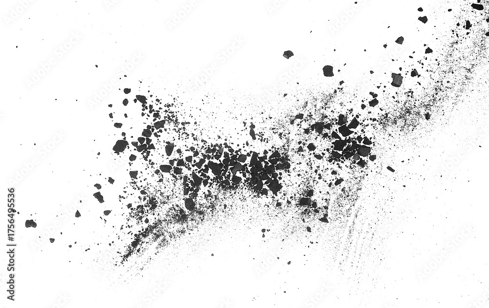 Fototapeta premium Black coal dust isolated on a white background, top view. Effect fragments explosion. Charcoal pieces.