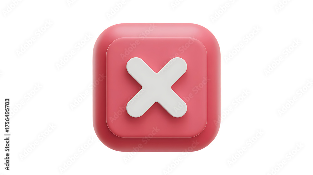 Fototapeta premium 3d render of a red square button with a white cross mark isolated on transparent background, representing cancellation, rejection, or error in a modern design