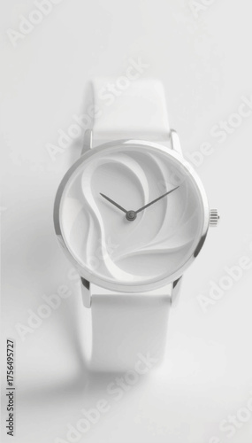 An illustration of a white wristwatch in a laconic design in a minimalist style on a light gray background. Vector graphics. EPS.