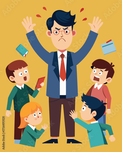 A teacher is bombarded by insults and accusations from students who refuse to take responsibility for their own actions.. Vector illustration