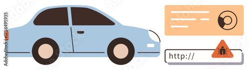Blue car alongside a digital driving license, warning sign for online safety, and a URL bar. Ideal for topics thumbs up automotive, digital security, road safety, online awareness, ID verification