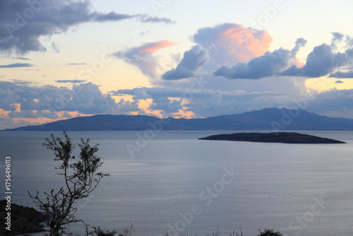 Aerial wide angle view with calm Aegean Sea view during autumn sunset in famous resort town of Bodrum.