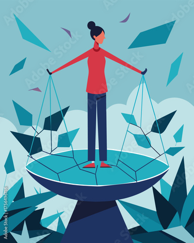 A person standing on a scale made of thorns and broken glass representing the pain and difficulty of trying to measure their selfworth.. Vector illustration