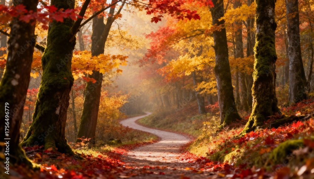 Naklejka premium Pathway covered with fallen autumn leaves in forest, warm sunlight filtering through trees, scenic fall landscape