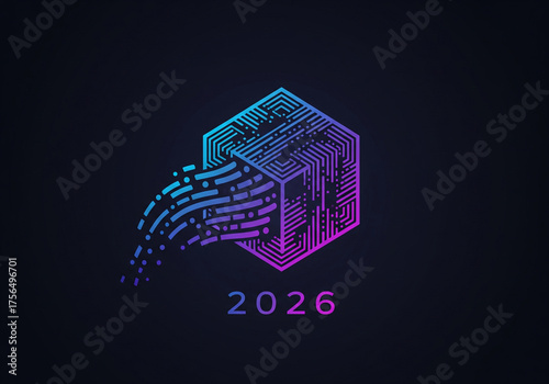 Sophisticated 2026 technology logo featuring a geometric cube with dynamic data streams, representing futuristic innovation and digital transformation