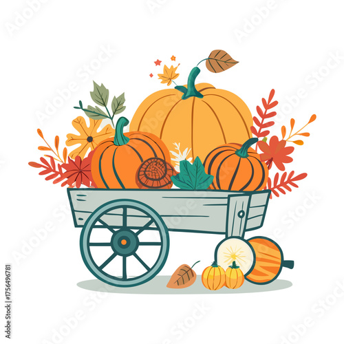 Colorful illustration of a wooden cart filled with various pumpkins and autumn leaves, showcasing seasonal harvest and festive decorations for fall celebrations