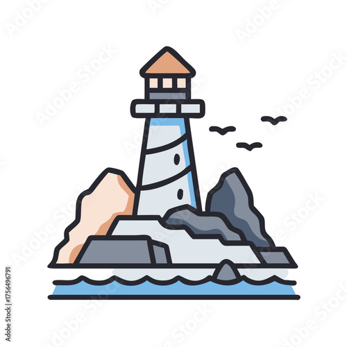 Lighthouse illustration standing on rocky shore, surrounded by waves and birds, symbolizing guidance and safety in maritime navigation and coastal landscapes