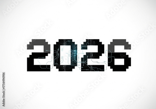 Modern digital 2026 graphic, fusing pixelated typography with circuit board patterns, symbolizing future tech and innovation on a smooth gradient background