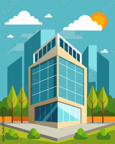 A modern office complex is powered by an impressive array of solar panels on its rooftop.. Vector illustration