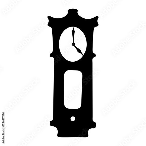 Grandfather clock silhouette illustration with classic design elements for timekeeping