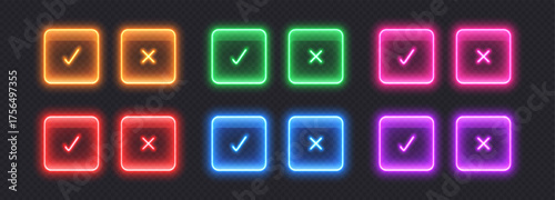 Neon checkmark icons, glowing check buttons, glossy glass signs. Tick and cross symbols to select correct or wrong options from the list. Vector illustration.