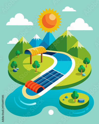 A lazy river ride that uses solar pumps to circulate the water providing a relaxing and ecofriendly way to explore the park.. Vector illustration