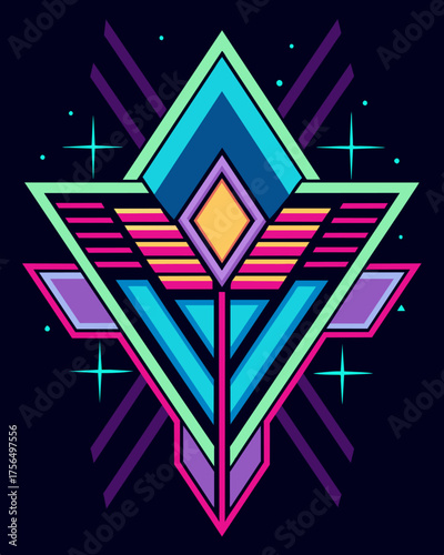 A vibrant neon art piece featuring bold shapes and lines powered by solar panels hidden behind the artwork.. Vector illustration