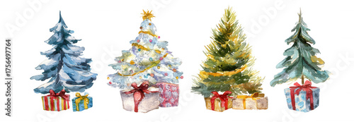 set of watercolor christmas trees with gifts