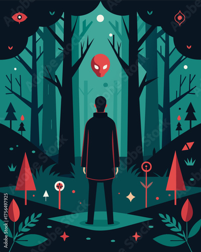 A person stands in a forest surrounded by trees covered in symbols and markings meant to trigger deepseated fears and anxieties a physical representation of psychological warfare.. Vector illustration