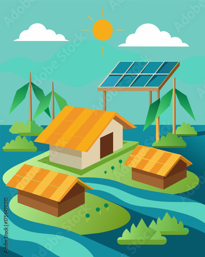 A modern twist on traditional rice paddies with solar panels floating on shallow water powering nearby villages.. Vector illustration
