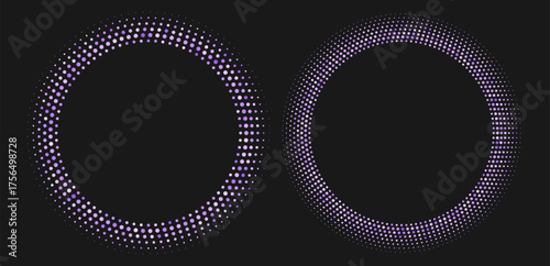 Purple halftone frames, retro circle borders, round pattern with dots, radial disco luxury design element. Vector illustration.