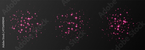Pink sparkling stars, shiny particles light effect, transparent flying stardust texture, abstract twinkle Christmas decoration. Vector illustration.