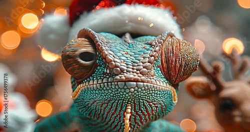 A curious chameleon wearing a santa hat, looking directly at the camera with festive bokeh lights and a reindeer in the background 4k video