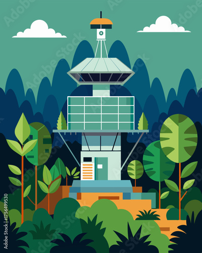 A solarpowered research station deep in the Amazon rainforest was dedicated to studying the medicinal properties of rare plants found within the dense foliage.. Vector illustration