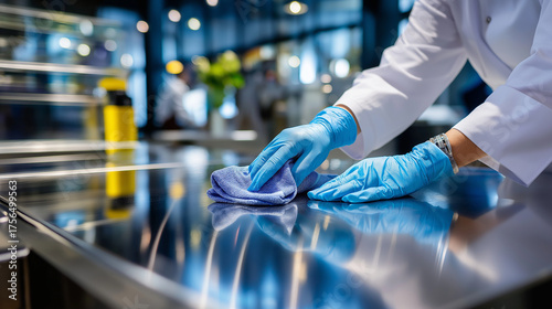 Modern food service environment — gloved worker cleaning shiny stainless surface, bright white reflections emphasizing spotless hygiene, with copy space.