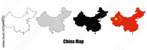 Modern China map set including outline, sketch, black silhouette, and flag design