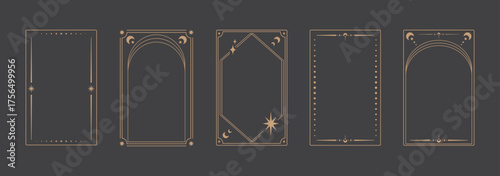 Empty Tarot card frame border templates. Elegant golden linear frame set with celestial and mystical geometric details. Esoteric border design with dots and corners, vector
