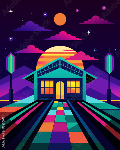An abandoned train station transformed into a solarpowered art installation constantly radiating colorful lights at night due to excess solar energy.. Vector illustration