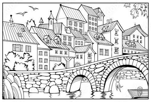 Coloring book for children. Fantasy illustration of an old cute town with stone bridge in France. Black and white drawing. Medieval architecture in western Europe, in Brittany. Hand drawn vector.