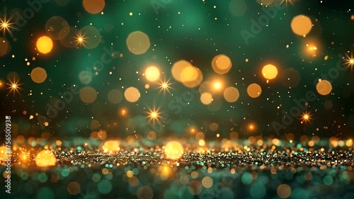 Abstract bokeh lights and glittering particles shimmer and dance in a dark teal and gold background, creating a magical and celebratory atmosphere 4k video