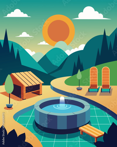 A spa retreat uses solarpowered water heaters to heat their outdoor hot tubs creating a tranquil and environmentally friendly experience for their guests.. Vector illustration