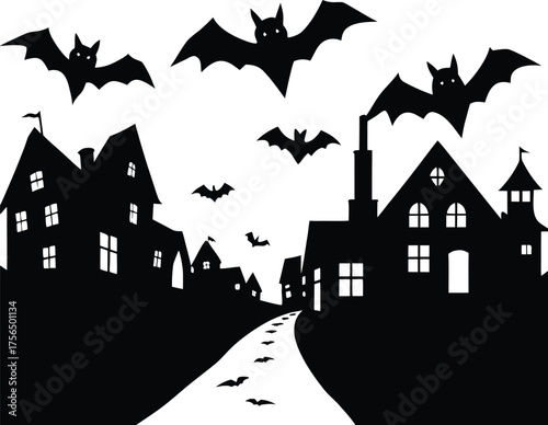 Haunted Village Street With Bats Silhouette