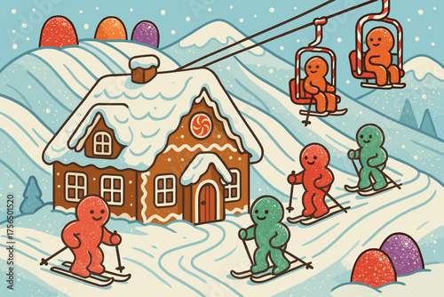 Gingerbread house with gingerbread people skiing and using a chairlift in a snowy winter landscape