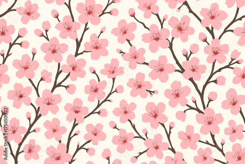 Beautiful cherry blossom pattern showcases delicate pink flowers on a light background for spring decor