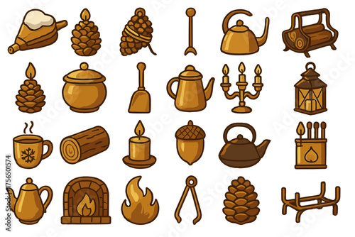 Various decorative elements featuring nature and home themes suitable for cozy settings